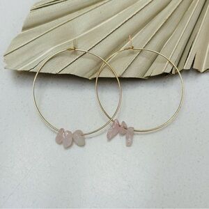 Pair of rose quartz beaded wire hoop earrings gold plated 20 gauge new